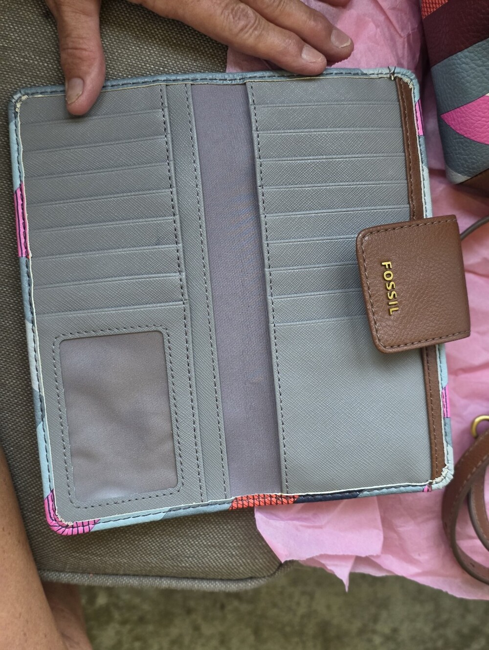 Fossil Brown Tote with Pink, Blue and Cream Geometric Panels - Picture 12 of 16
